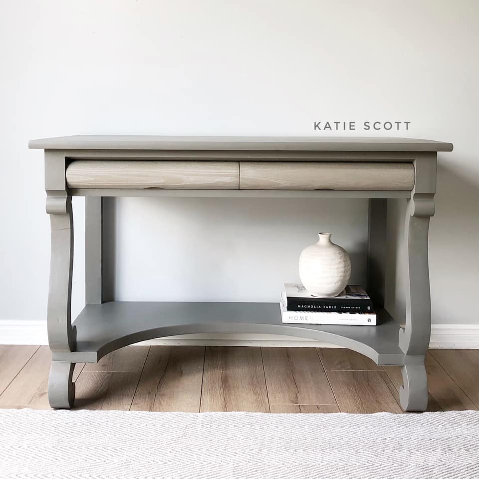 Decorative Hall Table in Cobblestone with Natural Wood Drawers with White Wax