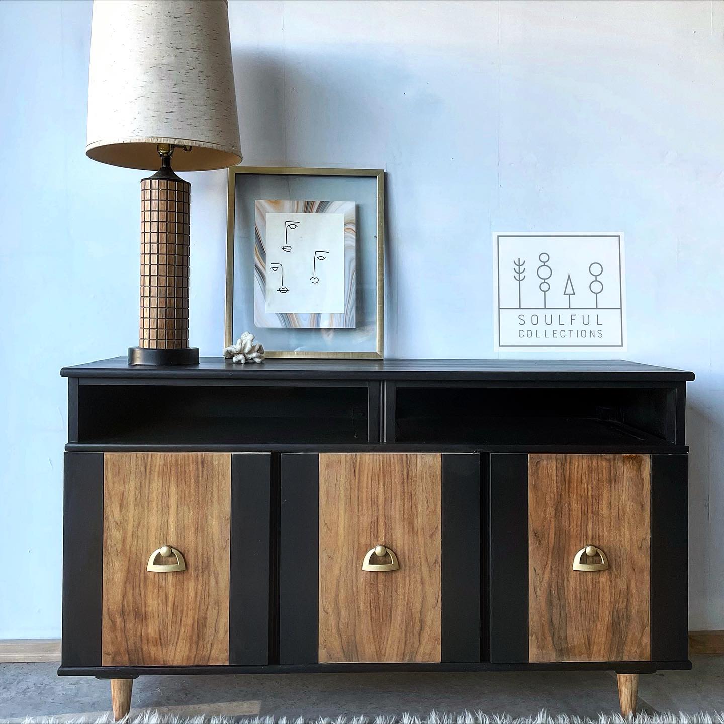 Mid-Century Modern Buffet/Dresser in Liquorice with Natural Wood Doors and Feet