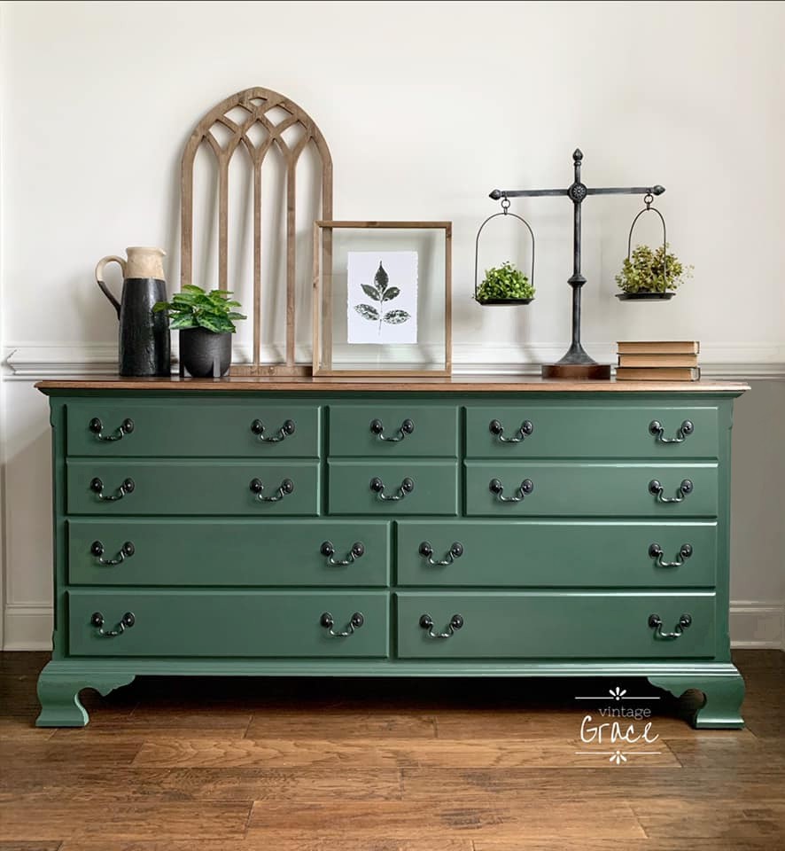 Seven Drawer Dresser in Hollow Hill with Natural Wood Top