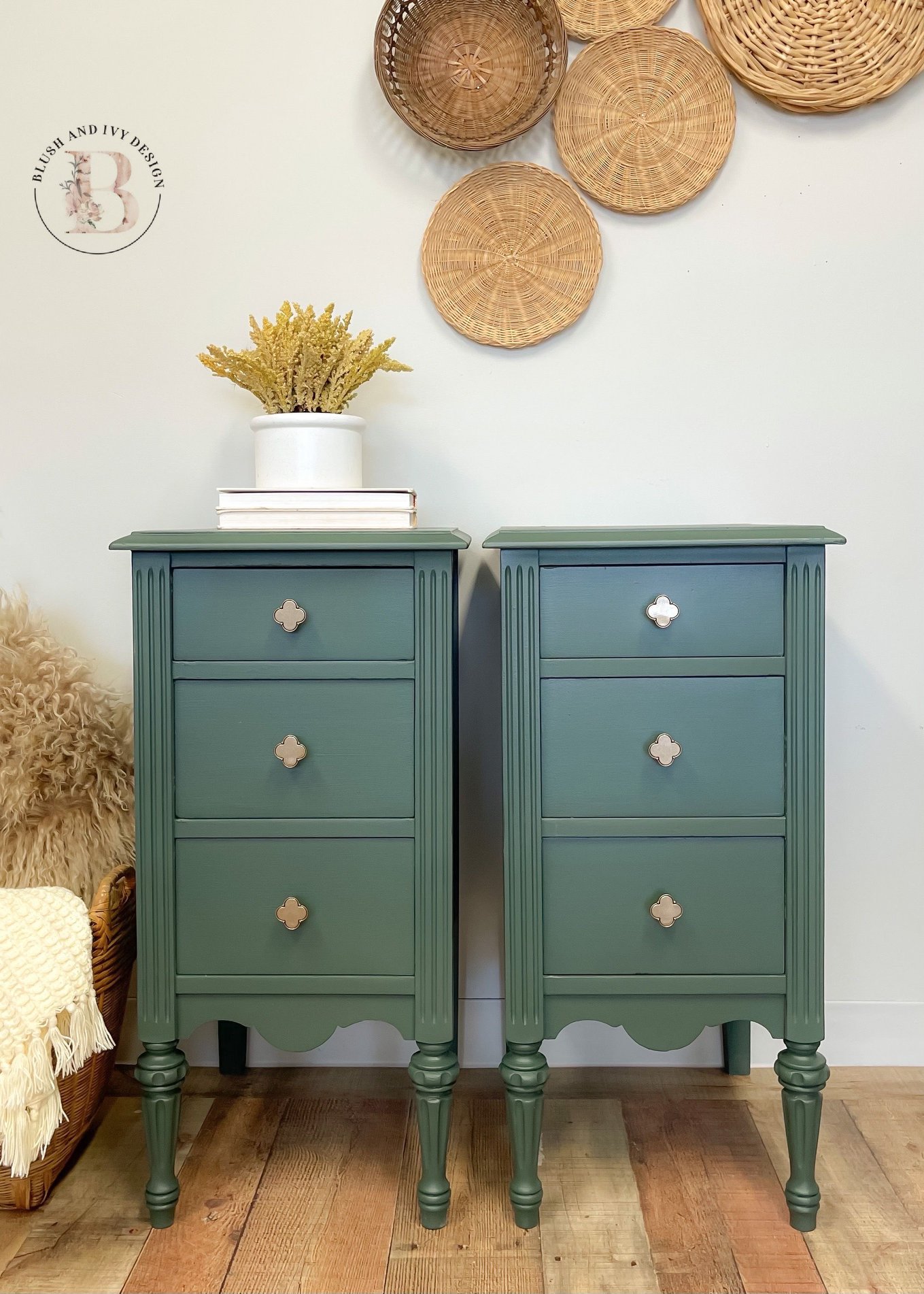 Decorative End Tables in Hollow Hill with white pitcher and wicker wall