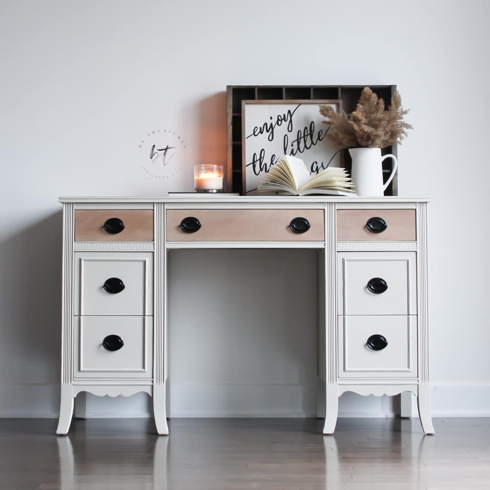 Seven Drawer Desk in Crinoline with Natural Wood Drawers