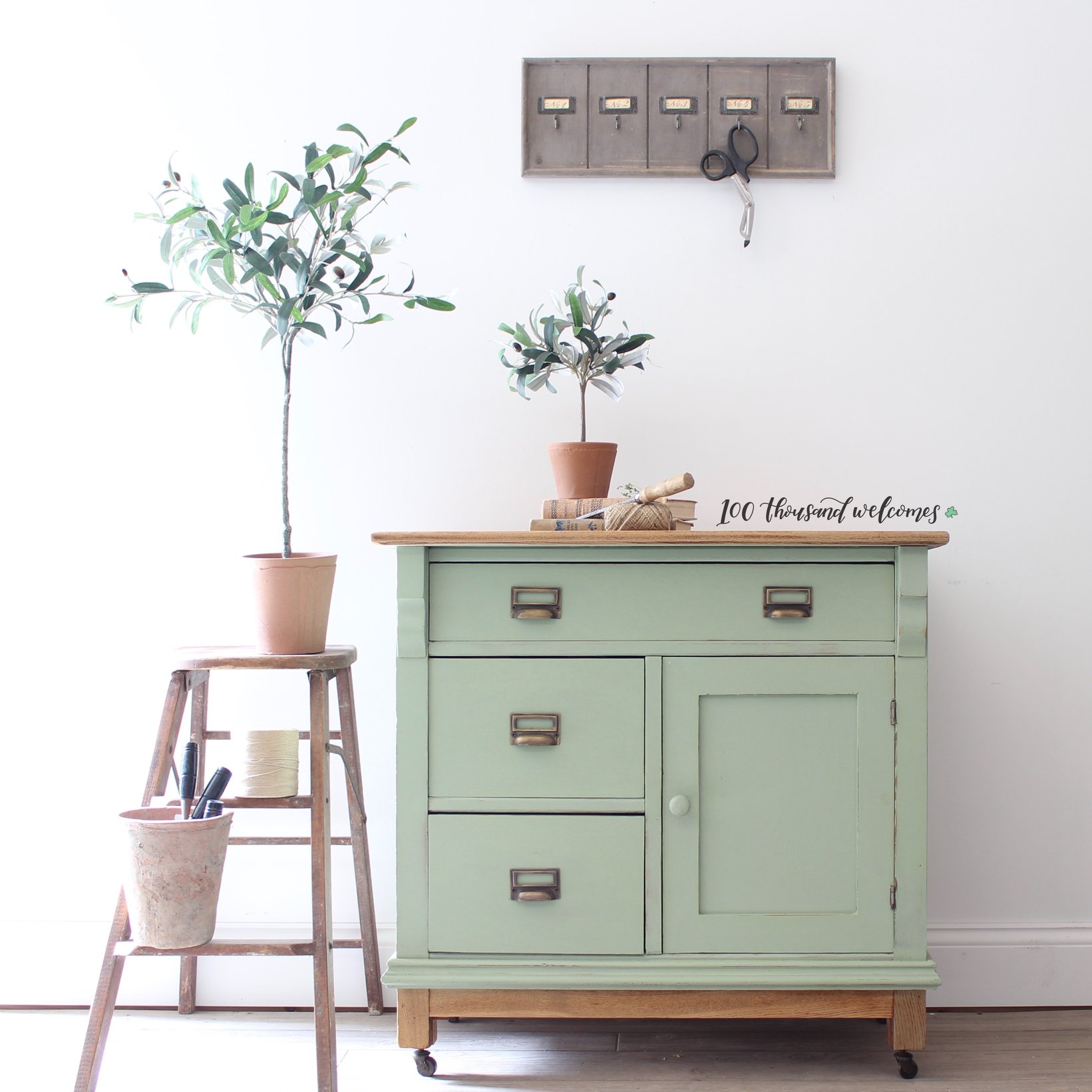 Farmhouse Storage Cabinet in Sage Advice with Library Pulls and Natural Wood Top