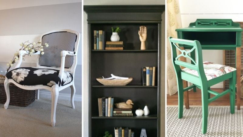 Collage image of white distressed cane back chair with floral upholstery, dark brown black painted bookshelf, teal turquoise painted child's desk and chair