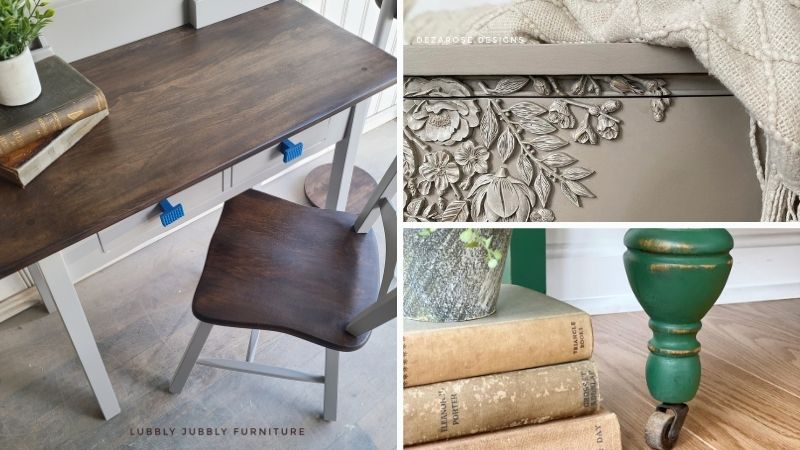Collage image of stained wood and painted chair, desk, old brown books, brown raised floral design