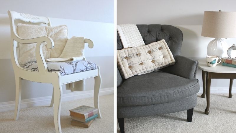 Collage image of white distressed arm chair with floral grey upholstery. Grey upholstered chair with throw pillow next to white and bronze side table and lamp