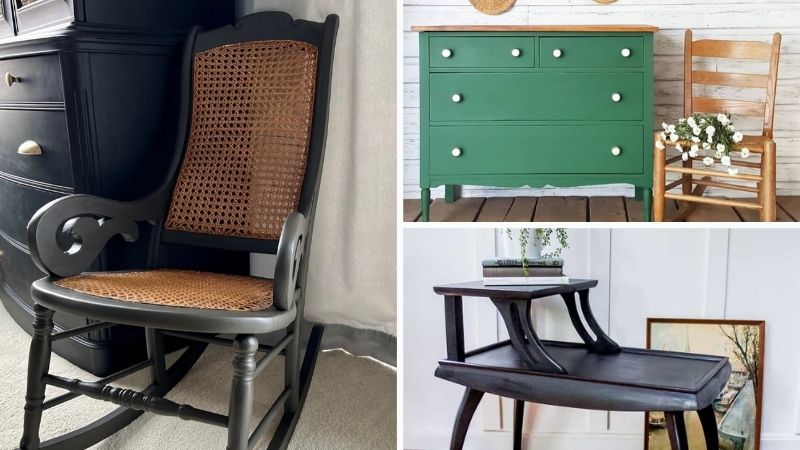 Collage image of black rocking chair, green dresser with wood chair beside, and black painted two tiered side table