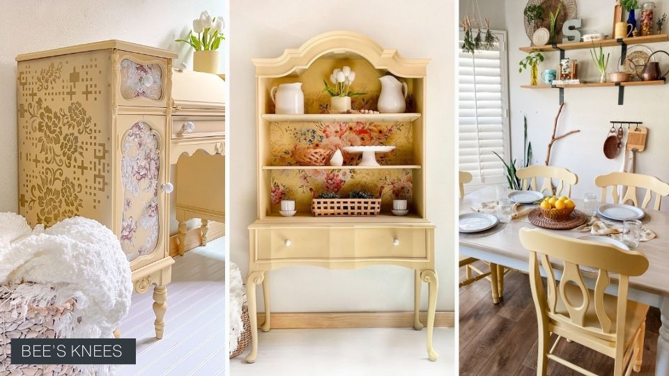 Desk, china cabinet, and dining chairs painted in pastel yellow furniture paint
