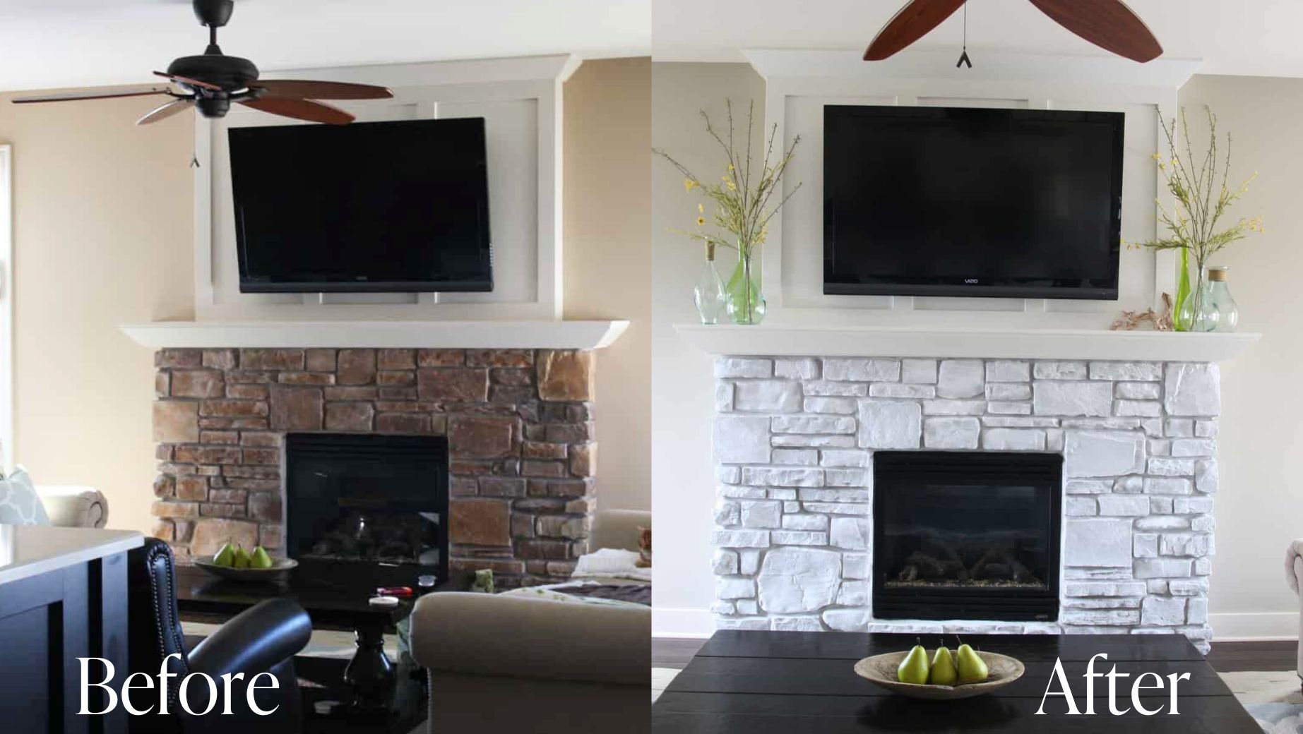 Before and after brown stone fireplace white washed with chalk paint