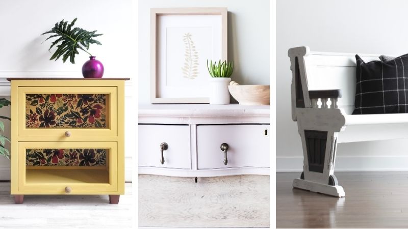 Collage of yellow painted side table, light purple distressed dresser, and light grey painted church pew bench