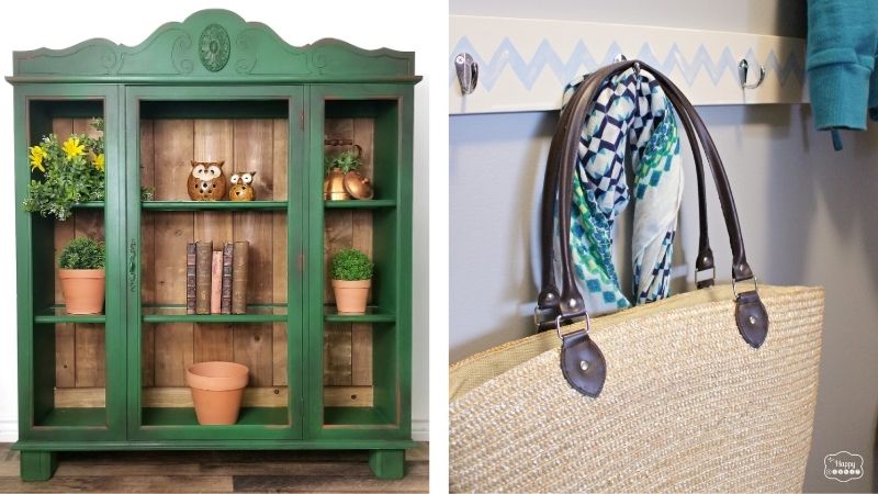 Green painted bookshelf and woven purse hanging from a hook