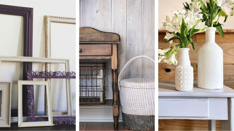 Examples of painted picture frames, woven wicker baskets, and vases to decorate and brighten your entryway