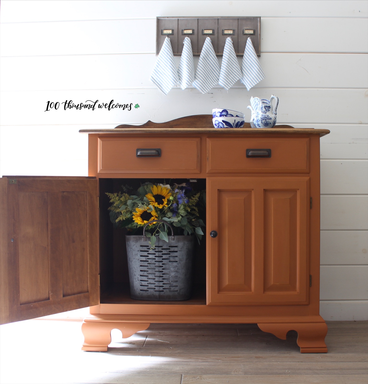 Farmhouse Storage Cabinet in With a Twist with Dark Wood Top