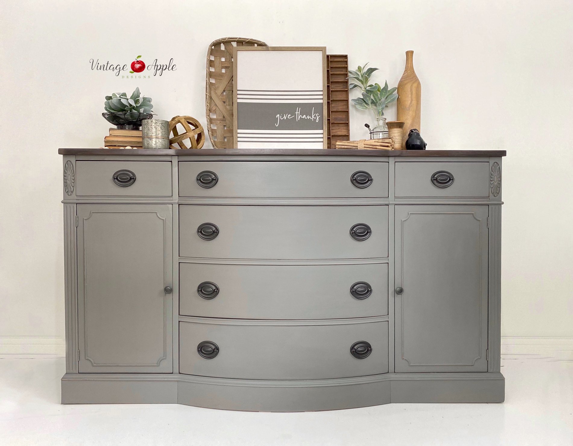Curved Front Dresser in Cobblestone with Pewter Hardware and Stained Wood Top