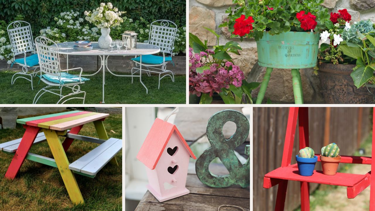 collage of painted patio futniture and garden decor