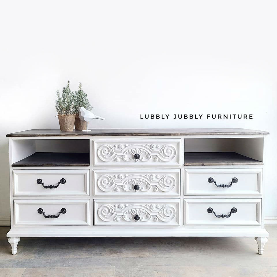 Ornate Storage Cabinet/Dresser in Crinoline with Clear Coat