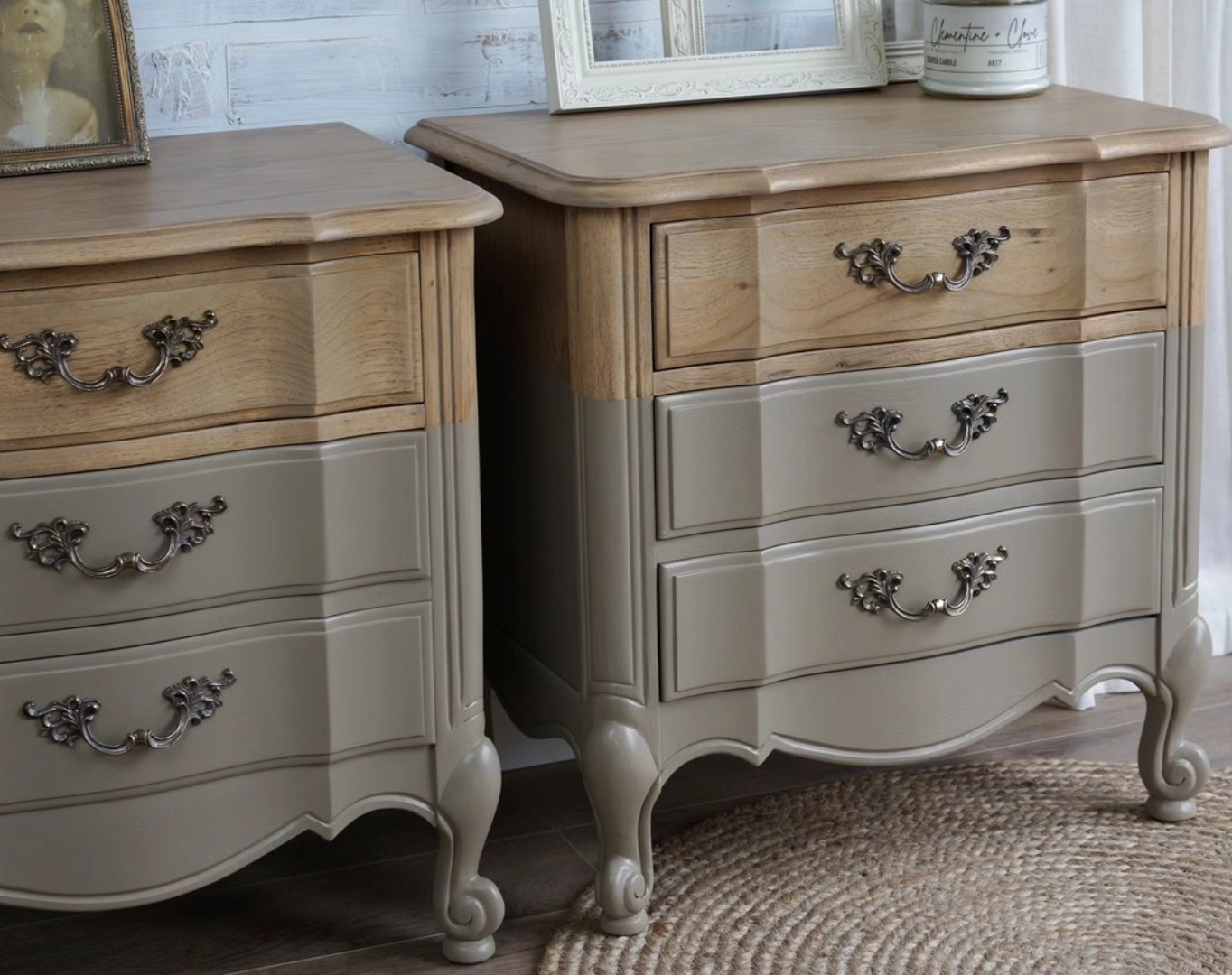 Color blocked dipped half painted brown French provincial matching nightstands