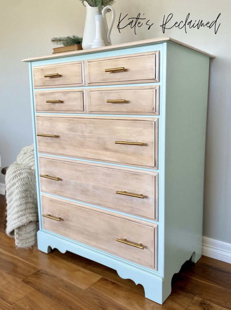 Pastel blue painted dresser with whitewashed wood drawers