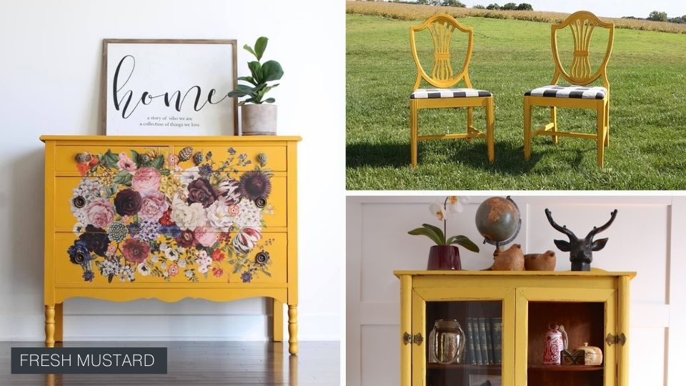 Dresser, chair, and cabinet painted in mustard yellow furniture paint