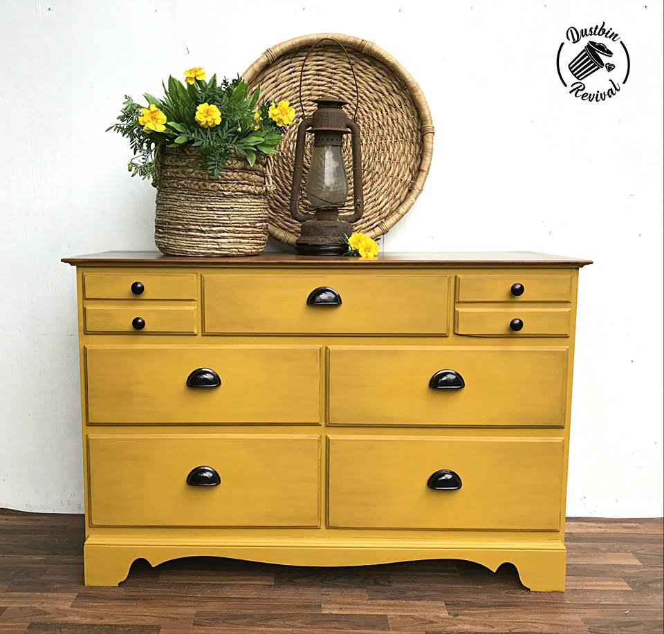 Small Dresser in a Fresh Mustard/Rhapsody Mix with Dark Stained Top