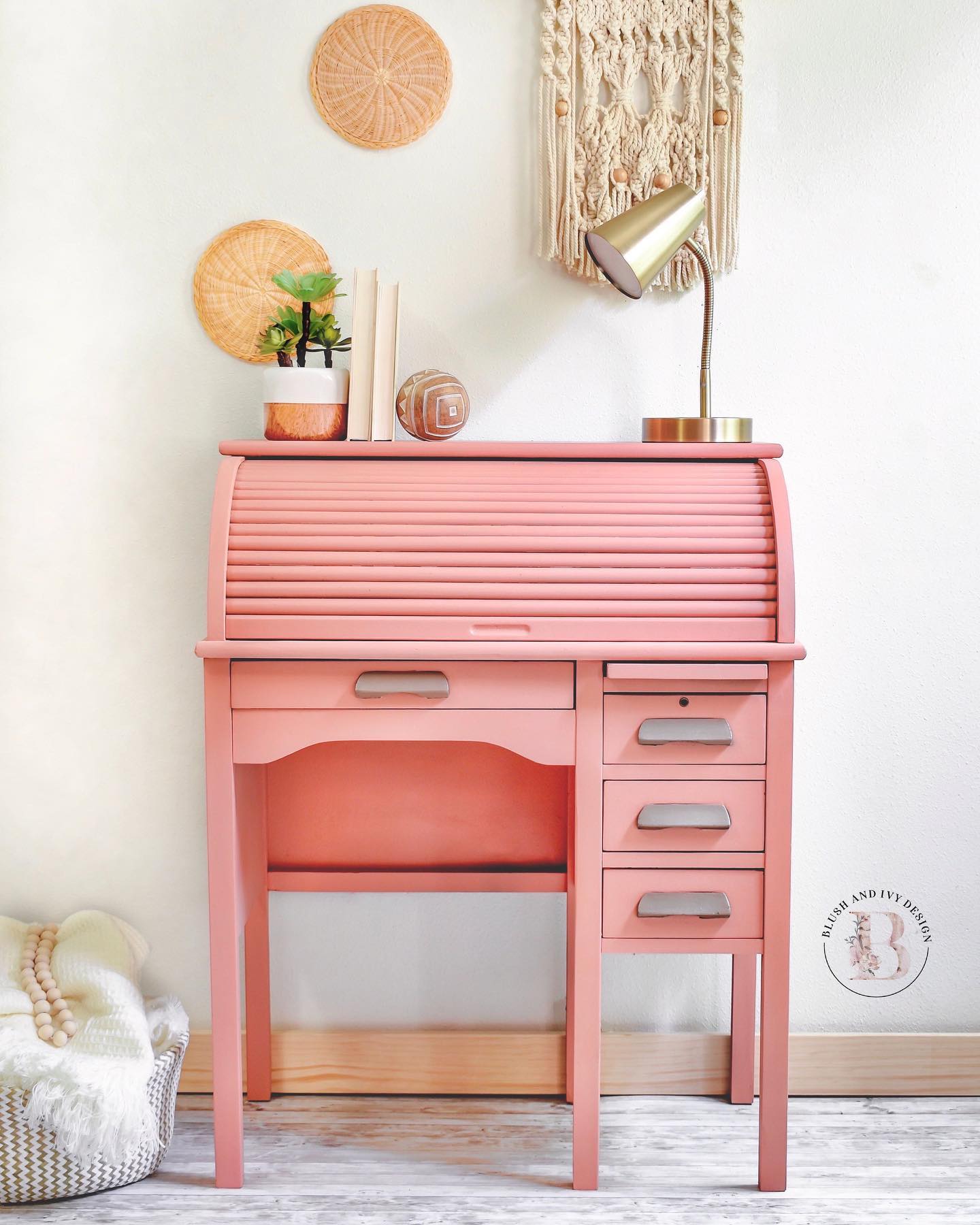 Roll Top Desk in Peachy Keen with Silver Accents