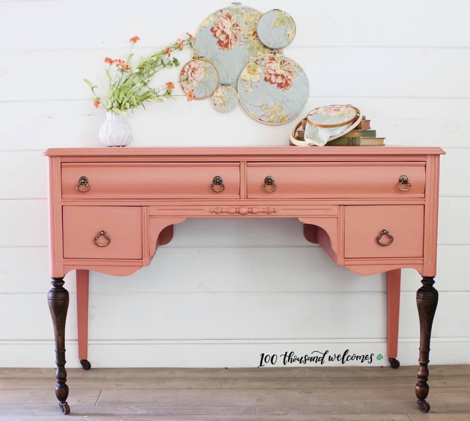 Elegant Desk in Peachy Keen with Dark Wood Legs