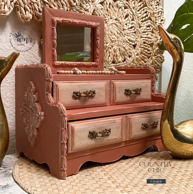 Clay pink painted jewellery box with mirror and raised molds