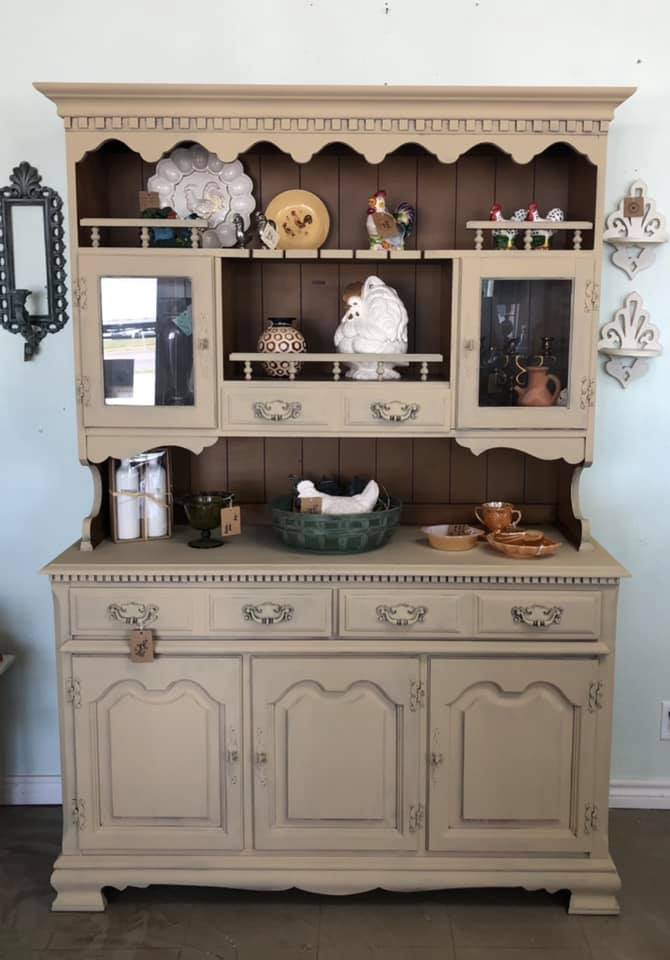 Beige tan khaki painted antique china cabinet
