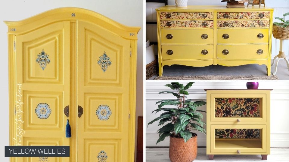 Armoire, dresser, and end table painted in bright yellow furniture paint