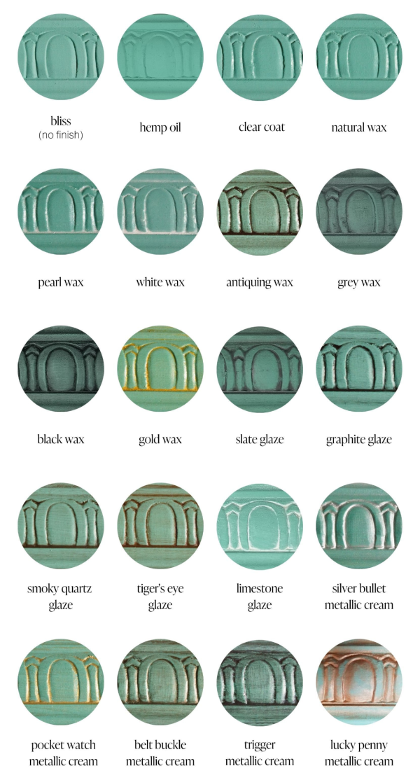 Bliss teal furniture paint sample swatches of various furniture sealants and specialty products
