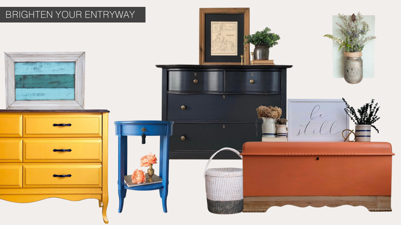 Examples of painted furniture and decor to help you brighten your entryway - yellow dresser, blue side table, orange cedar chest, black serpentine dresser