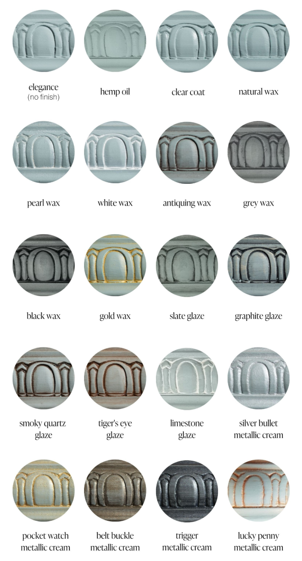 Elegance dusty blue furniture paint sample swatches of various furniture sealants and specialty products