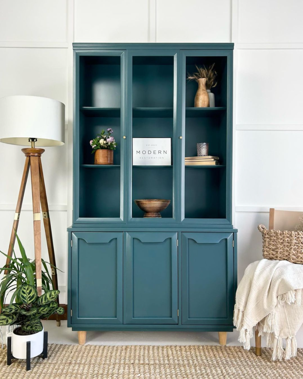 Dark teal painted china cabinet hutch