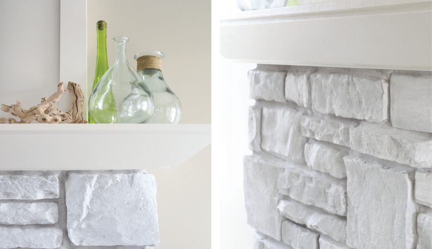 white washed stone fireplace